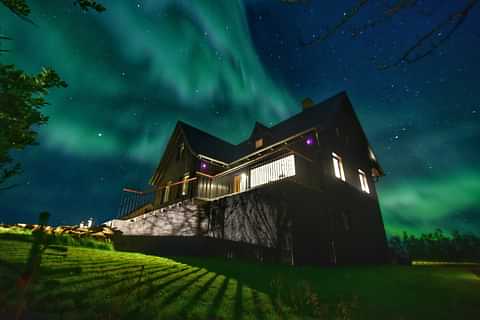 Luxury Resort Exterior Overview with Northern lights