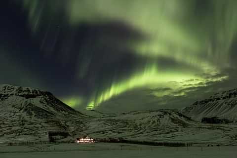 Skalakot exterior overview with northern lights