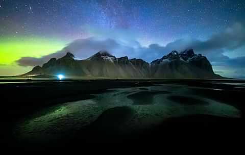 Vestrahorn mountain with aurora borealis